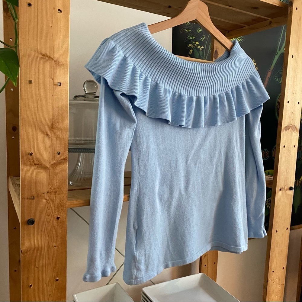 Lilly Pulitzer Off the Shoulder Ruffle Siesta Sweater Crew Periwinkle Blue Small - Picture 8 of 14